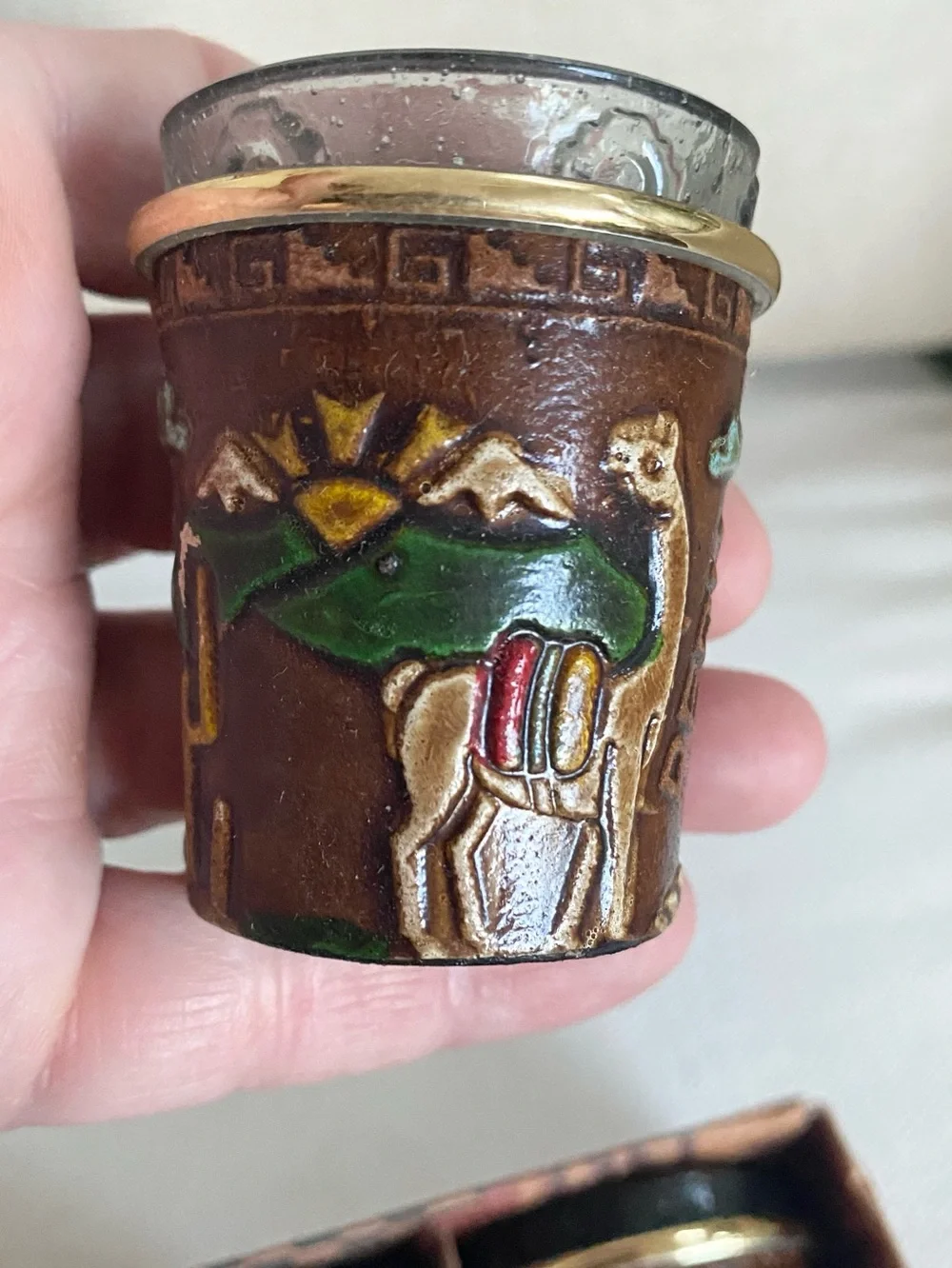VTG INKAS PERU Handcrafted Leather Wrapped Shot Glasses Souvenir Set of 3 in Box